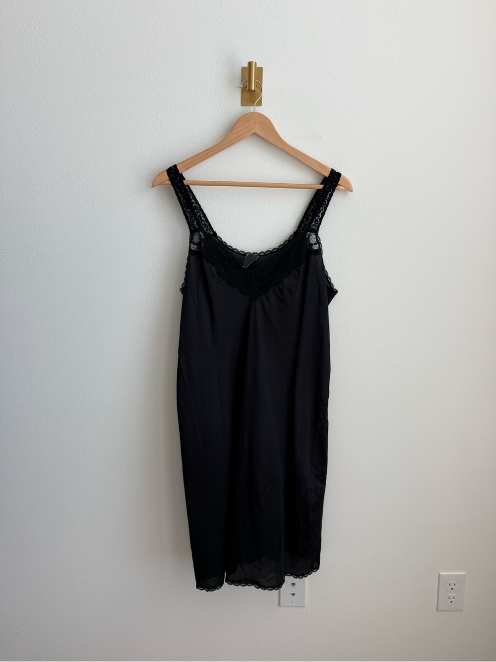 Vintage Black Satin Slip Dress Lace Trim Chemise Nightgown Lingerie One Size - Picture 2 of 5